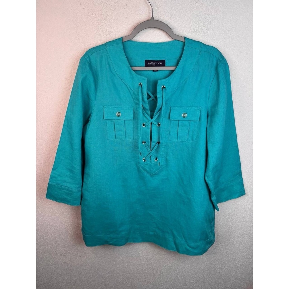 Jones New York Signature 100% Linen Lace Up Tunic Top Womens L Turquoise Coastal